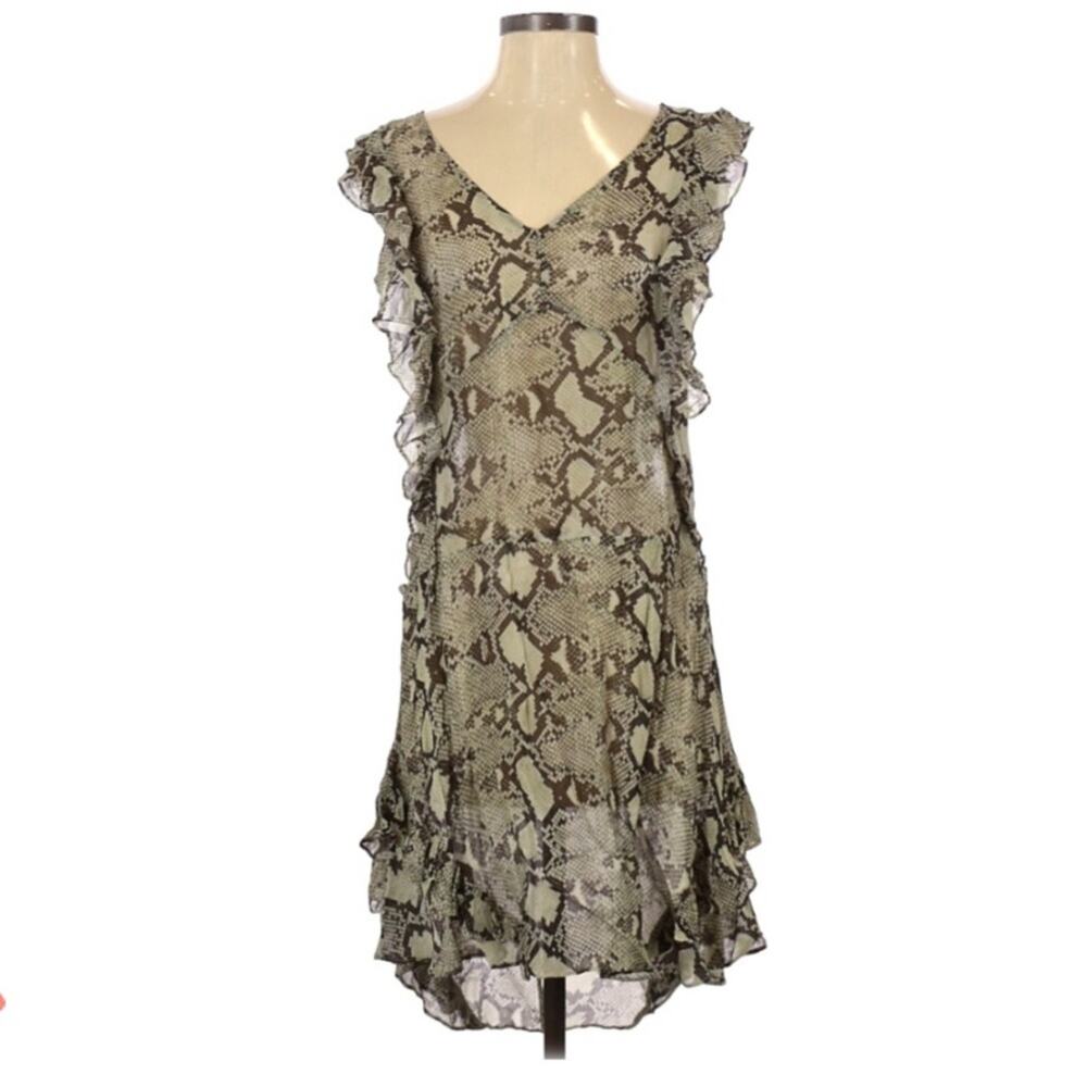 Pam & Gela Beige & Black Snake Print Ruffled Mini Dress Womens 10 Johnny Was